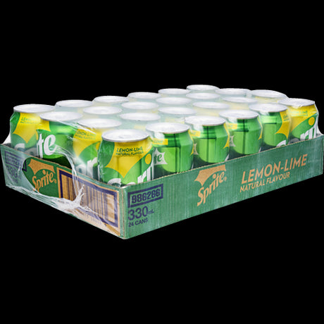 Tray of 24 Sprite Lemonade cans, 330ml each, featuring refreshing lemon-lime flavor, ideal for gatherings and hydration.