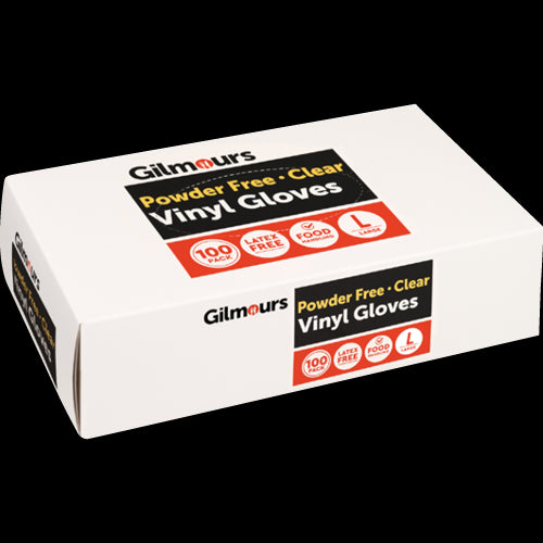 Clear large disposable vinyl gloves in a 100-pack, powder-free, ideal for food handling and general tasks.