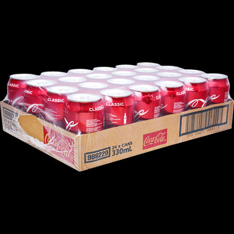 24-pack of Coca-Cola Classic cans, 330ml each, perfect for refreshing gatherings and on-the-go enjoyment.