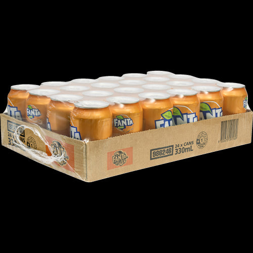 Fanta Orange 24-pack of 330ml cans, featuring refreshing citrus flavor for parties and picnics.