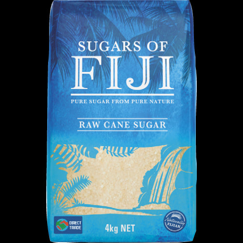 Fiji Raw Cane Sugar 4kg pack showcasing its golden crystals, ideal for baking and enhancing the flavor of dishes.