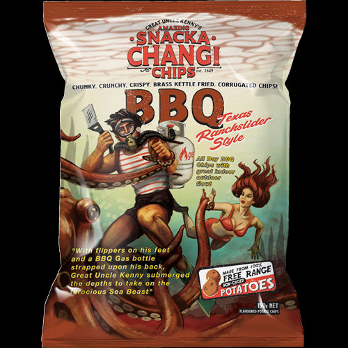 Snacka Changi BBQ Kettle Fried Potato Chips, 150g - crunchy, flavorful gourmet chips made from premium non-caged potatoes.