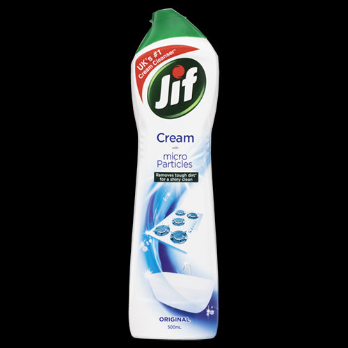 Jif Original Cream Cleanser 500ml with micro particles for powerful cleaning of tough dirt and grime in kitchens and bathrooms.