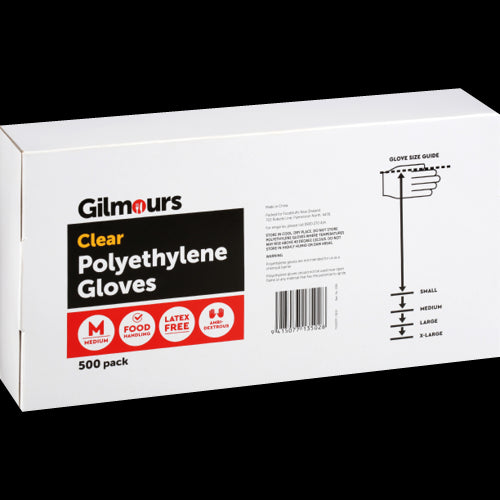 Gilmours Medium Disposable Polyethylene Gloves for hygiene and protection in food prep, cleaning, and caregiving tasks.