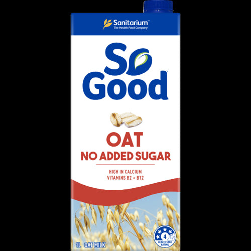 Sanitarium So Good Oat No Added Sugar Oat Milk 1l, a creamy, nutritious dairy-free milk alternative, perfect for smoothies and cereal.