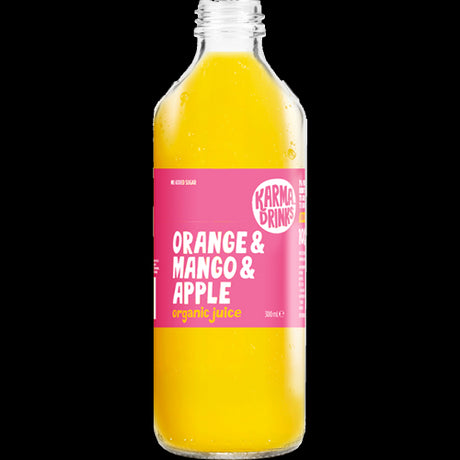 Karma Drinks Orange Mango & Apple Organic Juice in a 12-pack, featuring vibrant fruit flavors and 100% organic ingredients.