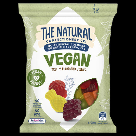 Vibrant vegan fruit-flavored gummies in a 180g bag, guilt-free and made from natural ingredients for tasty snacking.