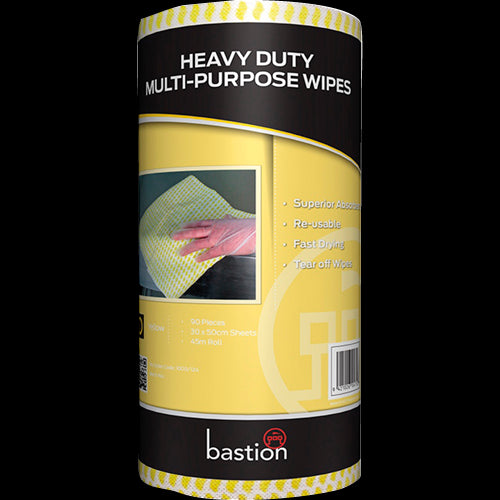 Bastion Heavy Duty Wipes in bright yellow, 45m roll for tough cleaning jobs, effective on dirt, grease, and grime.