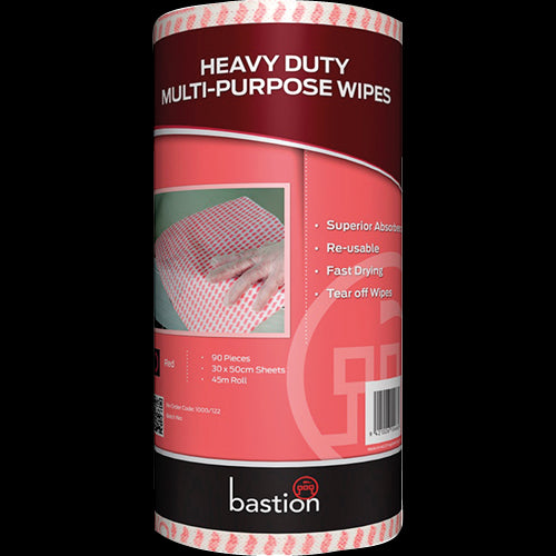 Bastion Heavy Duty Wipes Red 45m roll for tough cleaning tasks; durable, visible, and effective for automotive and industrial use.