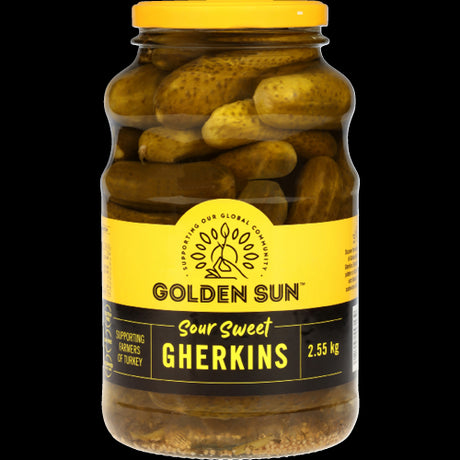 Crunchy Golden Sun Sour Sweet Gherkins in a 2.55kg jar, perfect for enhancing dishes with a sweet and tangy flavor.