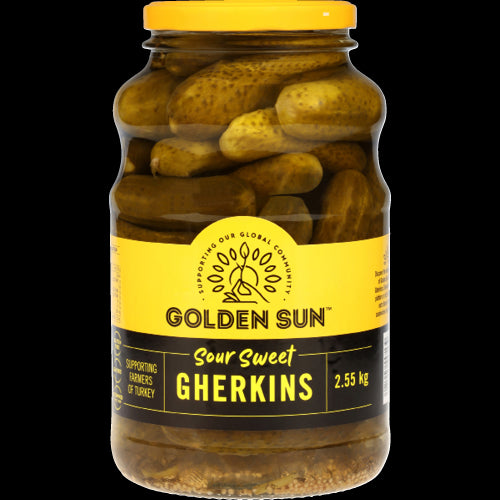 Crunchy Golden Sun Sour Sweet Gherkins in a 2.55kg jar, perfect for enhancing dishes with a sweet and tangy flavor.