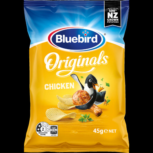 Crispy Bluebird Originals Chicken Potato Chips in a 45g pack, offering savory chicken flavor and satisfying crunch.