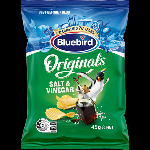 Crunchy Bluebird Originals Salt & Vinegar Potato Chips 45g, offering a tangy flavor explosion in a convenient, guilt-free snack pack.