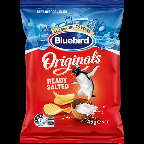 Bluebird Originals Ready Salted Potato Chips 45g, crispy snack with quality potatoes and balanced salt, perfect for any occasion.