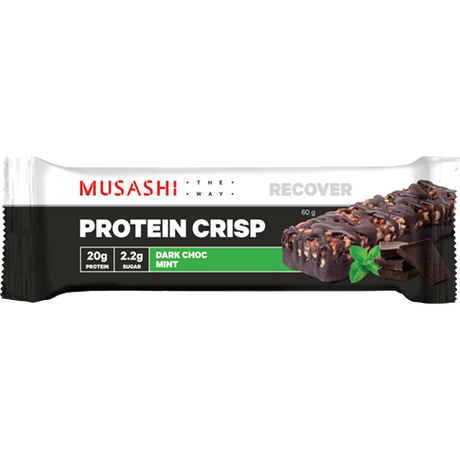 Musashi Dark Choc Mint Protein Crisp Bar box featuring 12 bars, each with 20g protein and a blend of crispy, chocolatey mint flavors.