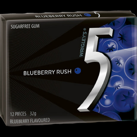 Sugar-free 5 Gum Blueberry Rush sticks in a convenient pack, perfect for fresh breath and fruity flavor on-the-go.