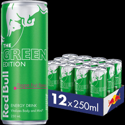 Red Bull Green Edition Dragon Fruit Energy Drink pack of 12 cans, infused with caffeine and tropical dragon fruit flavor.