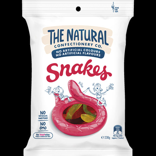 Colorful pack of The Natural Confectionery Co. Snakes gummies, featuring fruity flavors and a soft, chewy texture.