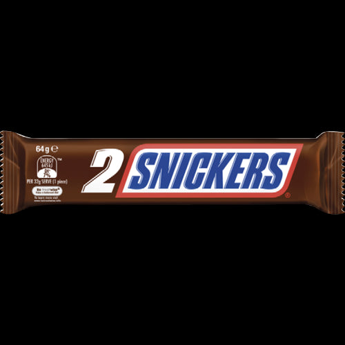 Snickers Chocolate Bar Twin pack featuring 25 bars, each with milk chocolate, nougat, peanuts, and caramel, perfect for hunger relief.