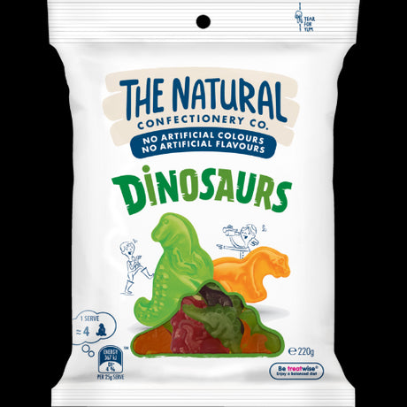 Gummy dinosaur-shaped sweets in a 220g pack featuring natural fruit flavors, perfect for sharing and snacking.