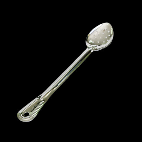 Long 33cm stainless steel perforated serving spoon, ideal for draining and serving pasta, vegetables, and salads elegantly.