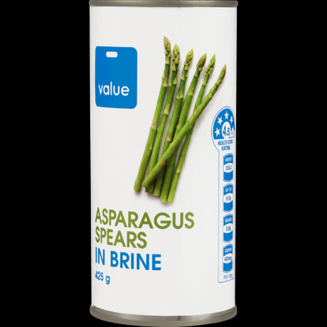 Crisp Value Asparagus Spears in Brine, 425g can, perfect for salads, pastas, and gourmet dishes. Enjoy fresh flavor and versatility.