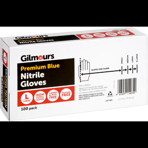 Gilmours large nitrile gloves in a 100-pack, offering durable, latex-free protection for various professional tasks.