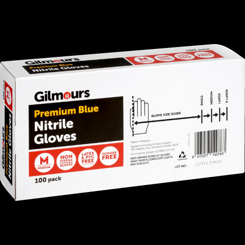 Gilmours medium nitrile disposable gloves in a 100-pack, offering strong, durable, powder-free protection for various tasks.