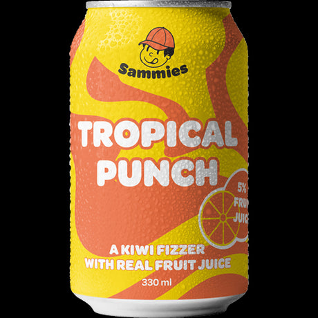 Sammies Tropical Punch drinks, 24 x 330ml cans, featuring fizzy pineapple, orange, and passionfruit flavors for refreshing enjoyment.