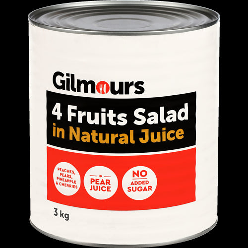 Gilmours 4 Fruit Salad in Natural Juice 3kg featuring pineapple, peaches, pears, and grapes, perfect for snacks and desserts.