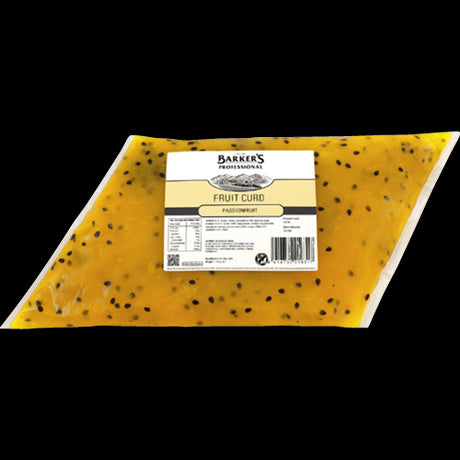 Barker's 1.25kg passionfruit fruit curd, creamy and gluten-free, perfect for desserts like tartlets and eclairs.