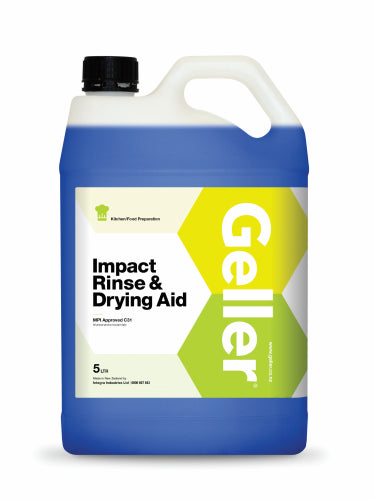 Geller Impact Rinse & Drying Aid in 5L, enhances drying for spotless, streak-free dishware, ideal for kitchens and restaurants.