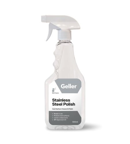 Geller RTU Stainless Cleaner 500ml bottle, designed for eco-friendly cleaning of stainless steel surfaces, removes smudges and protects.