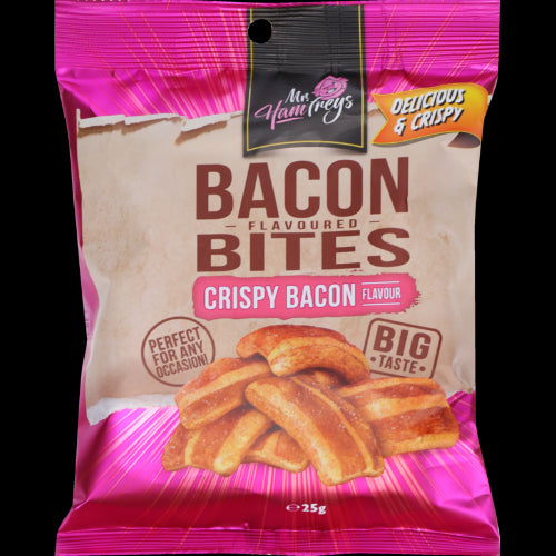 Crispy Bacon Flavoured Bites in a 25g pack, offering a savory, smoky snack perfect for on-the-go enjoyment.