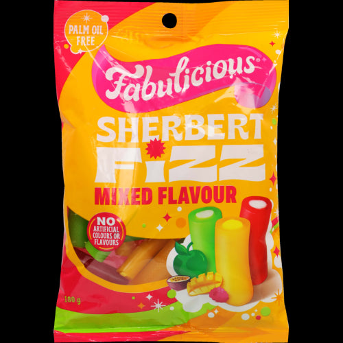 Colorful tubes of Fabulicious Mixed Flavour Sherbert Fizz featuring tangy green apple, raspberry, and tropical fizzy sherbet.