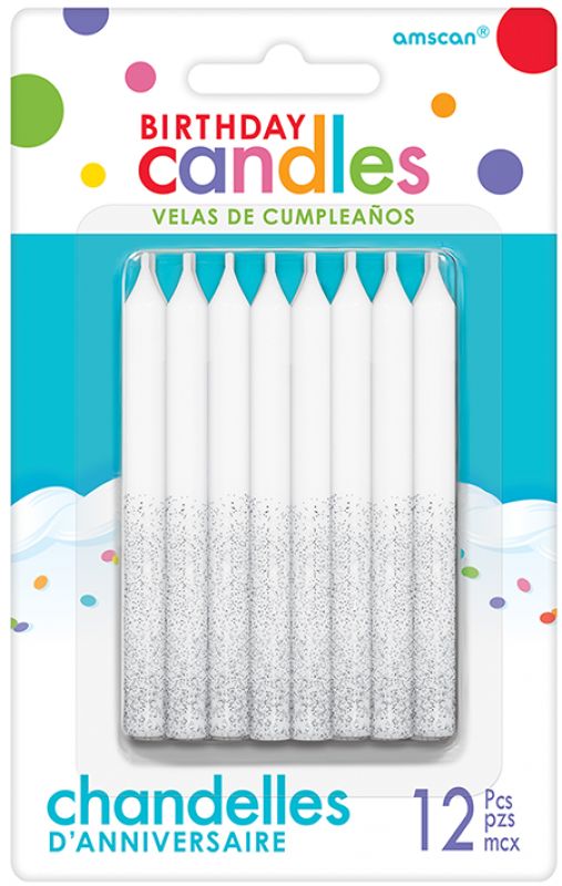 Elegant white candles adorned with silver glitter, perfect for celebrations or intimate gatherings, pack of 12.