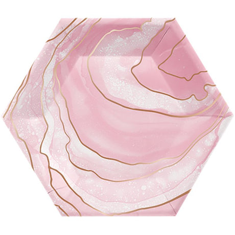 Elegant rose gold foil hexagonal plates with geode design, perfect for enhancing any dining occasion, pack of 8.