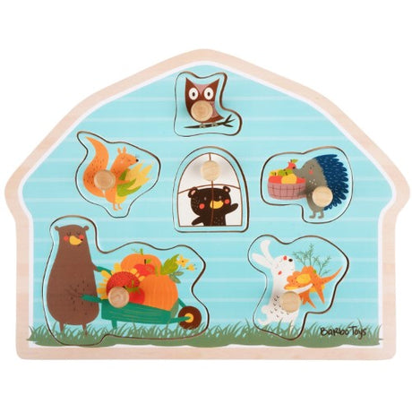 Colorful wooden peg puzzle featuring 6 chunky woodland animal pieces, designed for kids aged 2 and up.