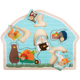 Wooden Peg Puzzle featuring 6 colorful animal pieces in a house-shaped frame, designed for toddlers aged 2 and up.