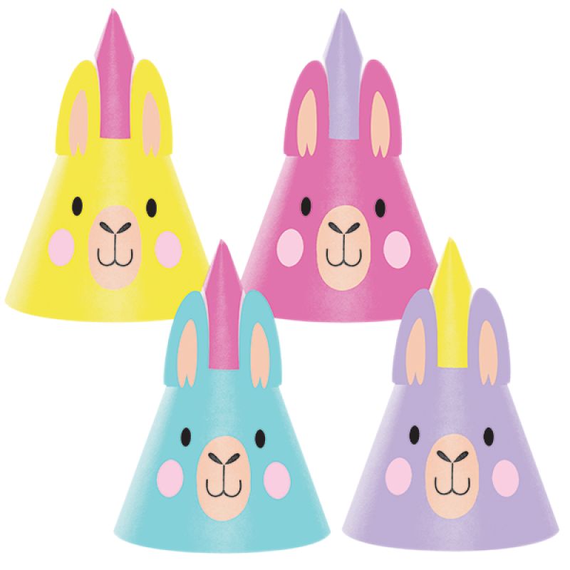 Colorful child-sized Llama party hats in assorted designs, perfect for birthday celebrations and playful events. Pack of 8.