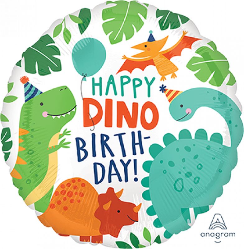 Vibrant 45cm Happy Dino Birthday foil balloon with cheerful dinosaur designs, perfect for dinosaur-themed celebrations.