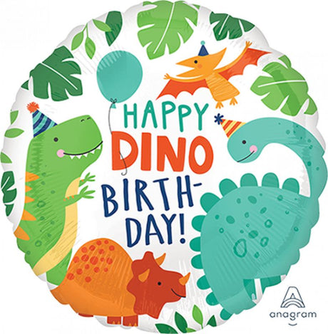 Vibrant 45cm Happy Dino Birthday foil balloon with cheerful dinosaur designs, perfect for dinosaur-themed celebrations.