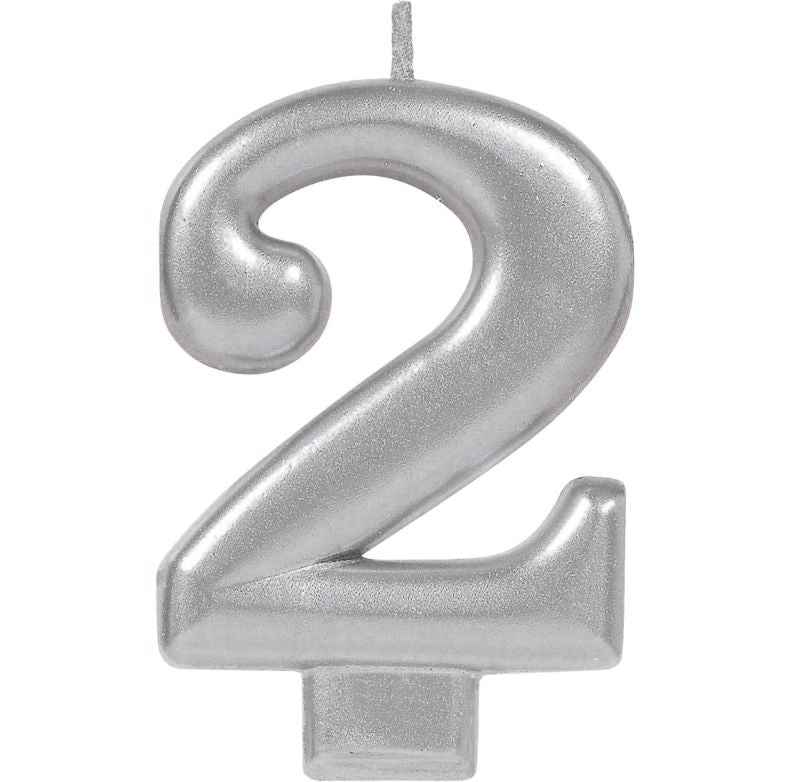 Elegant #2 silver metallic numeral candle, 8cm tall, perfect for birthdays and celebrations, adding sparkle to any occasion.