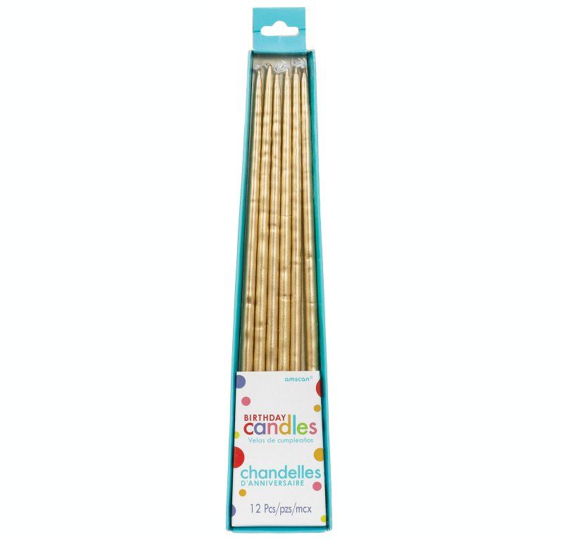 Elegant pack of 12 gold taper candles, 25cm long, ideal for enhancing any table setting with a touch of glamour.