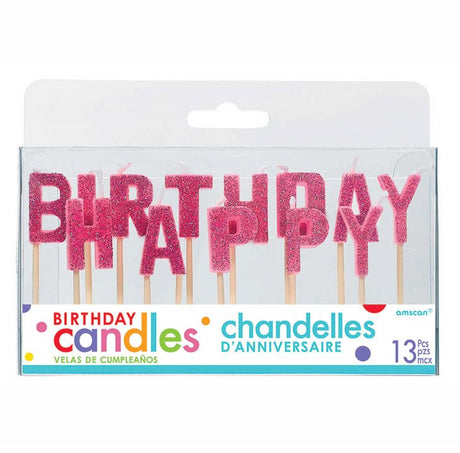 Colorful pink pick candles spelling 'Happy Birthday' for festive cake decor, perfect for any celebration. Pack of 13.