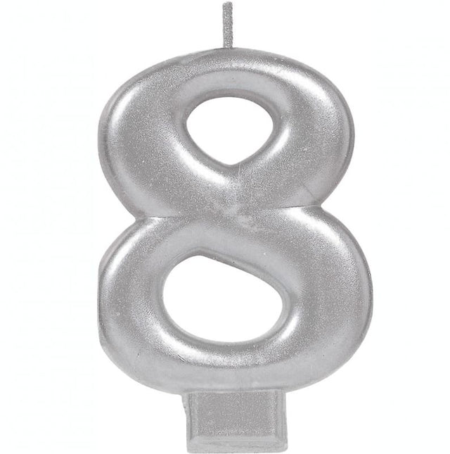 #8 silver metallic numeral candle, 8cm tall, perfect for elegant cake decoration at birthdays and special occasions.