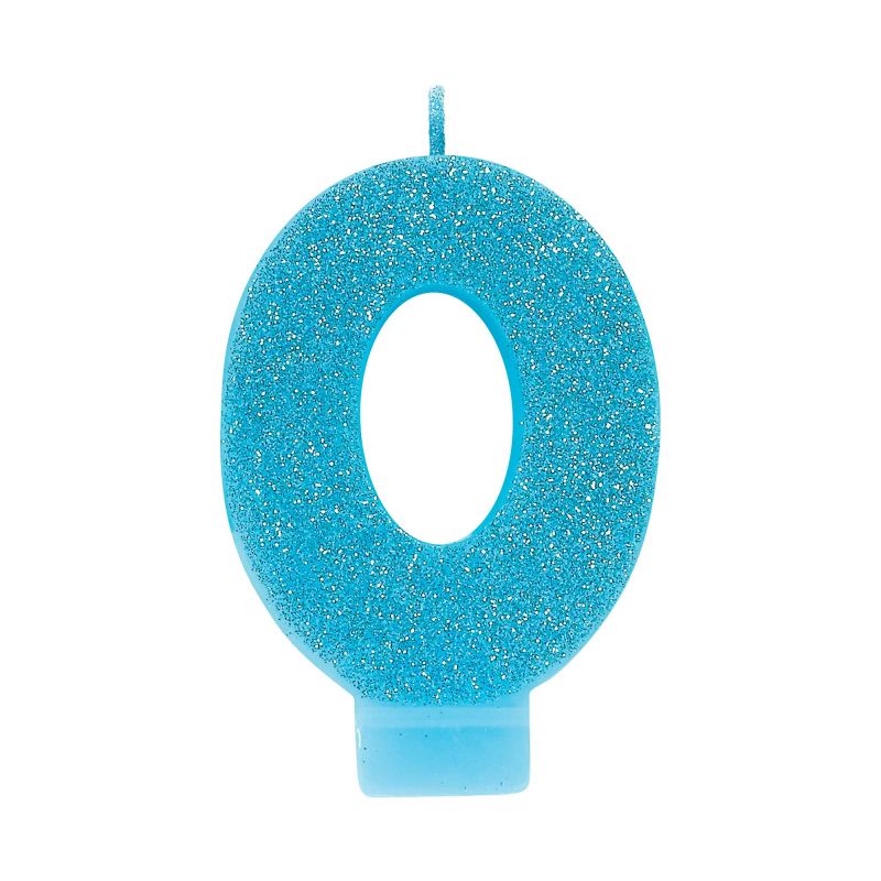 Bright blue glitter #0 numeral candle, 8cm tall, perfect for birthdays and celebrations, adding sparkle to any cake.