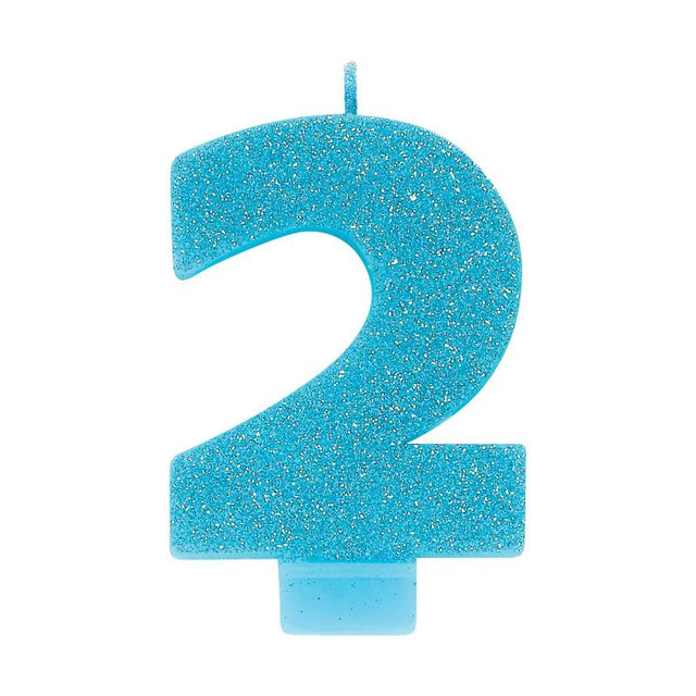 Blue glitter #2 numeral candle, 8cm tall, ideal for birthdays and celebrations, adds sparkle to any cake.