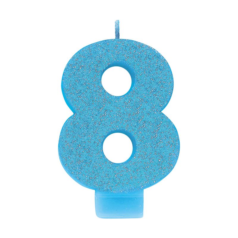 Bright blue glitter #8 candle, 8cm tall, perfect for birthday cakes and celebrations, adding elegance and sparkle.