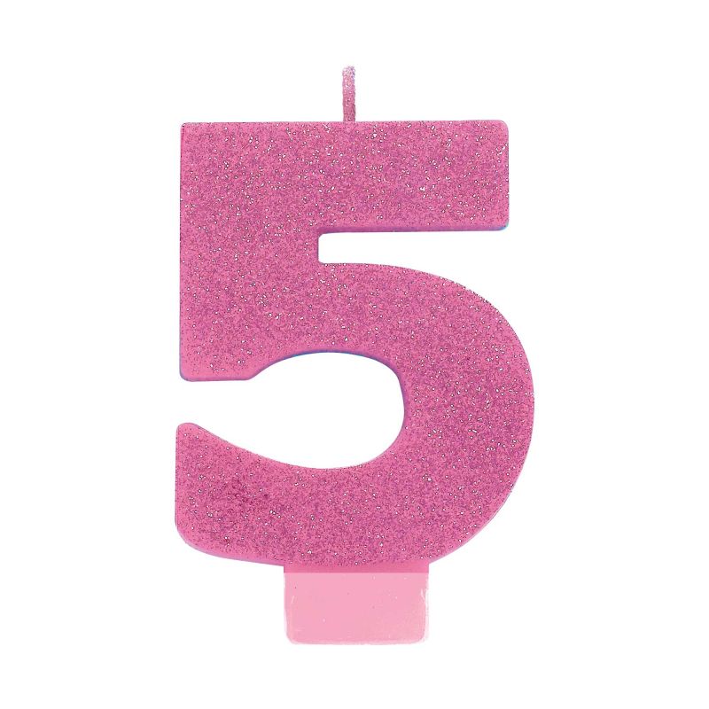 #5 Pink Glitter Numeral Candle